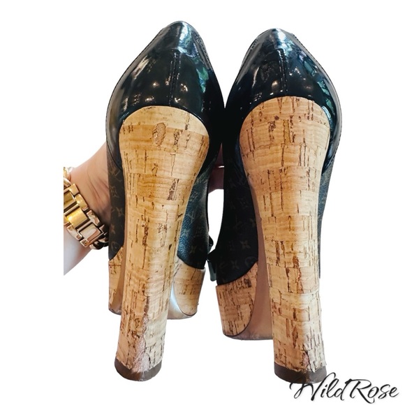 LOUIS VUITTON Brown Rivoli LV Monogram Patent Vernis Bow Cork Platform Pump 35.5 - Picture 12 of 17